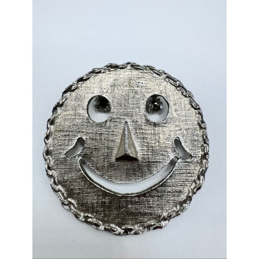 Vintage 70s Googly Eye Smiley Face Pin Brooch Pendant Combo Silver Tone Kitsch